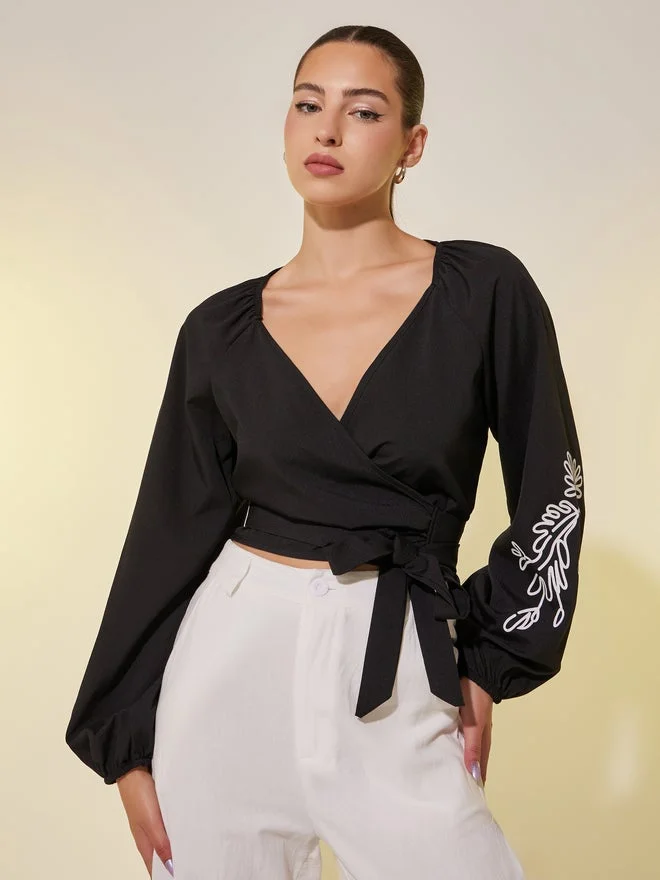 Take Two Printed Balloon Sleeve Tie-Up Wrap Top